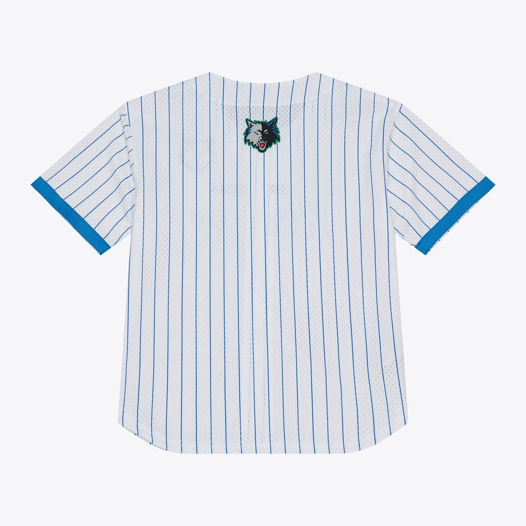 Minnesota Timberwolves Mitchell & Ness Head Coach Pinstripe Mesh Full - Button Baseball Jersey - White