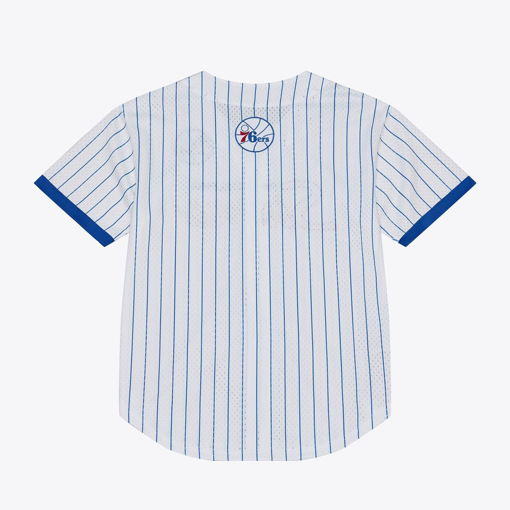 Philadelphia 76ers Mitchell & Ness Head Coach Pinstripe Mesh Full - Button Baseball Jersey - White