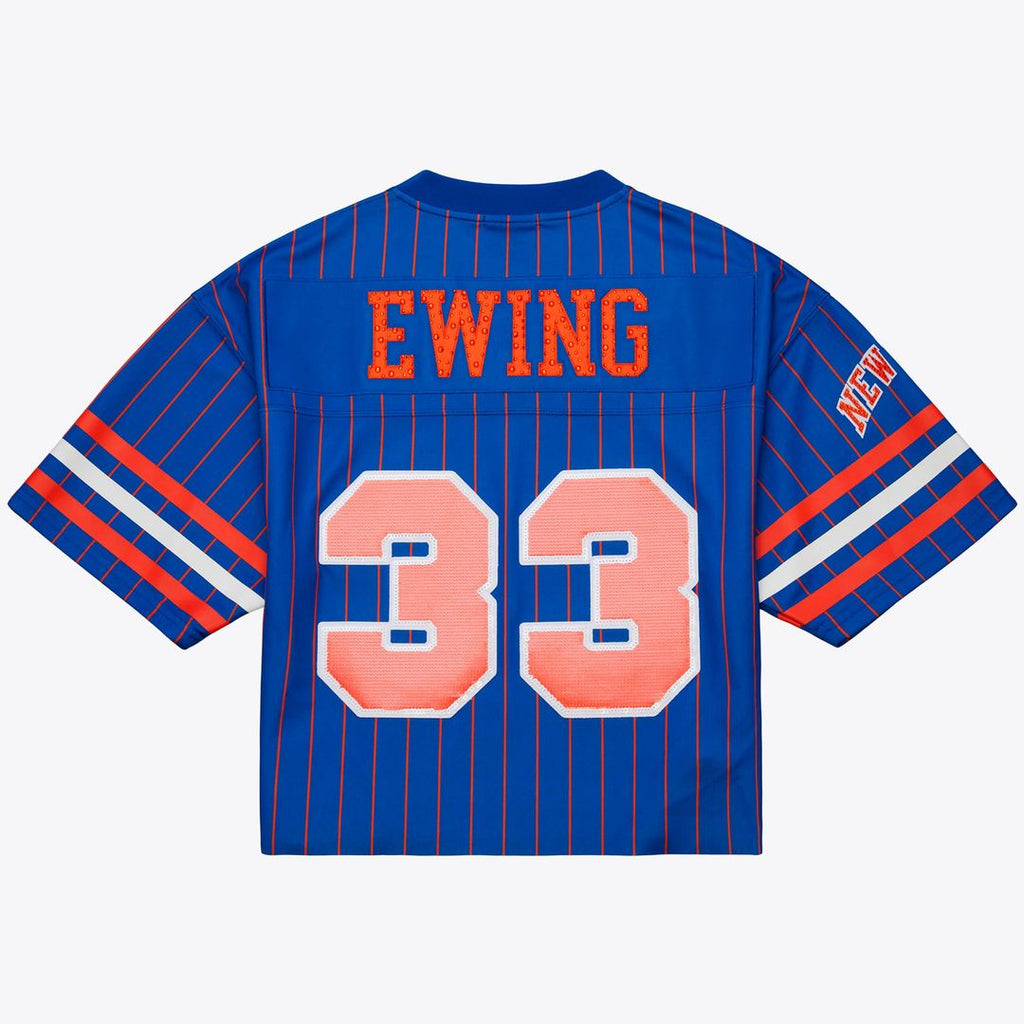 New York Knicks Patrick Ewing Mitchell & Ness x DANNIJO Women's Name & Number Cropped Football Jersey - Blue